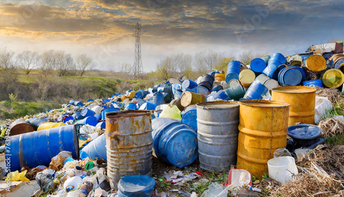 Symbolik, Fässer mit Industrieabfällen auf einer Müllhalde, KI-generiert photo