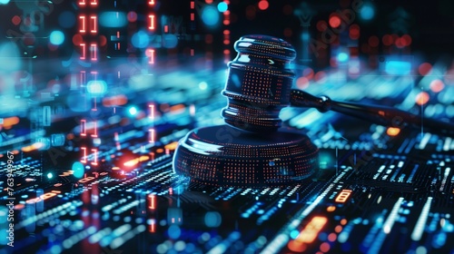 Judges gavel hovers in a high-tech, virtual space, symbolizing the enforcement of cybersecurity laws and regulations within an abstract technological environment. photo