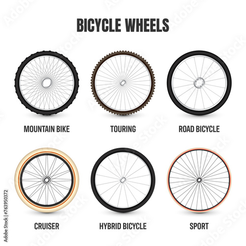 Realistic 3d bicycle wheels. Bike rubber tyres, shiny metal spokes and rims. Fitness cycle, touring, sport, road and mountain bike. Vector illustration