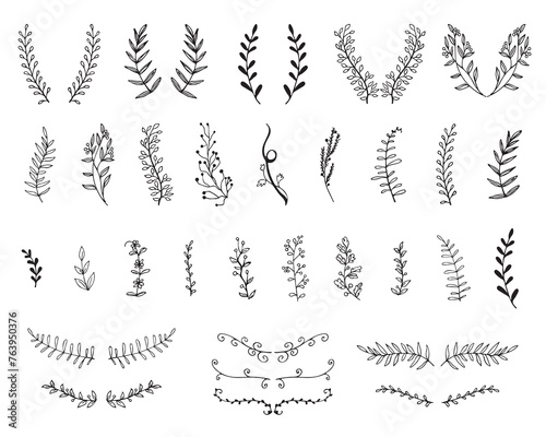 Vintage set of hand drawn tree branches with leaves and flowers on white background