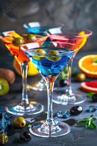 Cocktail glasses with colorful drinks garnished with fruit, olives, and herbs.
