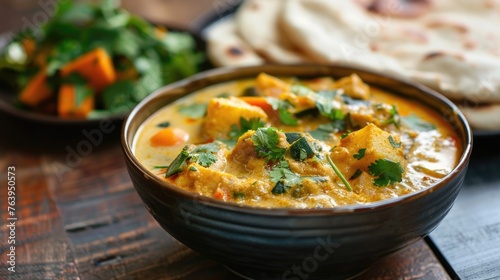 Indian vegetarian pumpkin curry with naan bread. Traditional cuisine and gourmet food concept