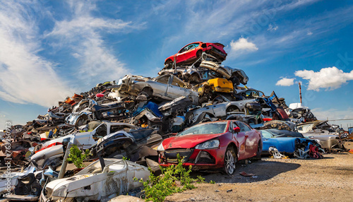 Symbolik, großer Schrottplatz mit Autowracks, Schrottautos, Altmetall, KI-generiert