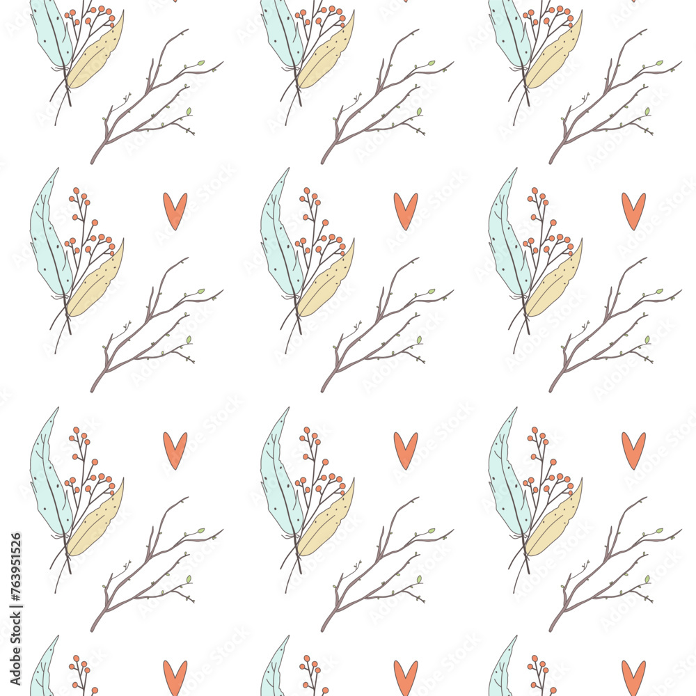 Seamless pattern with tree branches and bird feathers. Spring pattern. Doodle pattern style. Illustration drawn by hand