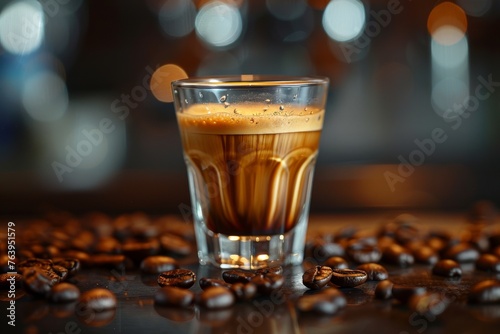 Rich espresso shot with scattered coffee beans in dramatic lighting