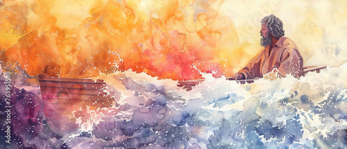A contemporary watercolor masterpiece capturing the serene beauty of a lone figure in a boat