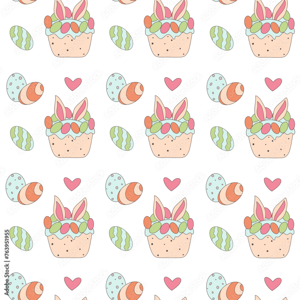 Seamless Easter pattern. Bunny ears in cake and Easter eggs. Doodle style pattern. Elements are hand drawn Seamless Easter pattern. Bunny ears in cake and Easter eggs. Doodle style pattern. Elements are hand drawn