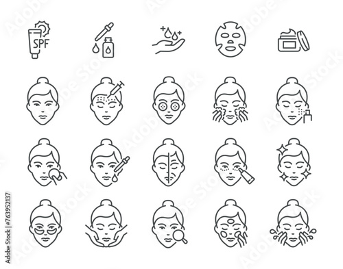 Skin care cosmetology beauty treatment and hygiene minimalist line icon set vector illustration