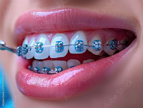 Close up shot on a beautiful mouth with orthodontic braces