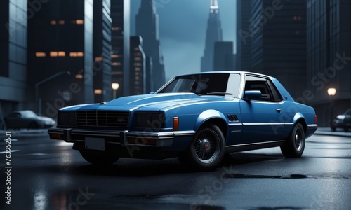 A blue vintage muscle car exudes power on rain-soaked city streets, reflecting the city lights with its polished surface. The car's muscular build hints at its performance heritage. © video rost