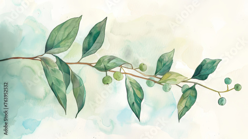 A stunning watercolor painting capturing the intricate details of a branch adorned with vibrant leaves and ripe fruits, showcasing the beauty of nature