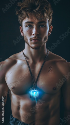 man with a glowing amulet - fantasy photography - generative ai