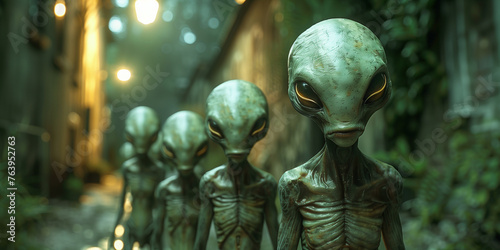 Group of alien, science fiction of extraterrestrial invasion, visit of the greys, conspiracy of paranormal civilization  photo