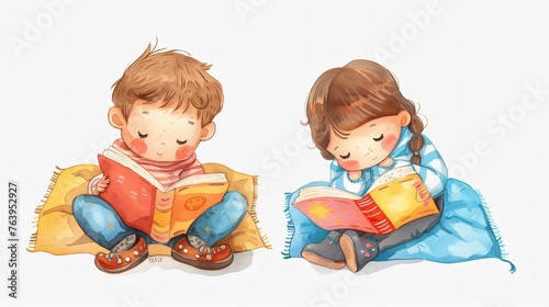 Cute boy and girl are relaxing and enjoying reading books. Vector illustration isolated on white background
