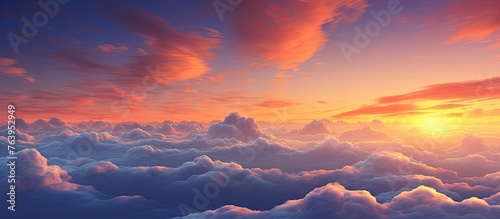 Capture the tranquil beauty of a sun setting over a vast expanse of clouds below, creating a mesmerizing and peaceful scene