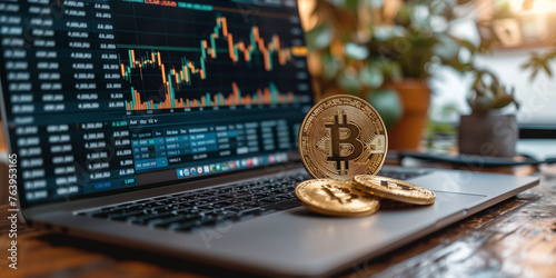 Golden bitcoin coin on a laptop, blockchain hard fork, cryptocurrency, finance and business concept, investment strategy, crypto currency
