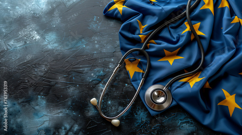 Stethoscope resting on a crumpled European Union flag against an artistic textured background AI-Generated