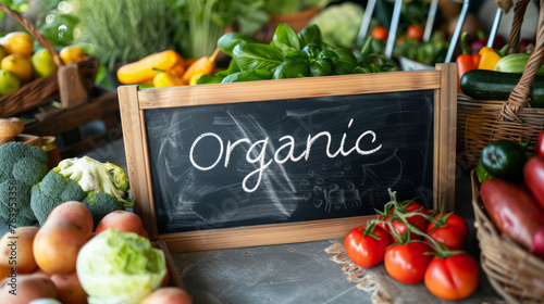 At the farmer's market, a chalkboard panel bears the text "Organic," while a variety of fresh, healthy vegetables adorn the nearby table, inviting patrons to indulge in vegetarian and vegan delights.