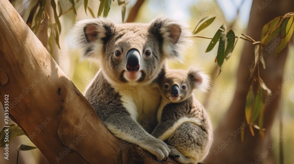Obraz premium Mother koala and baby in eucalyptus forest