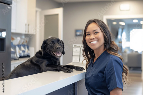 Happy woman with black Labrador at reception desk of a veterinary clinic