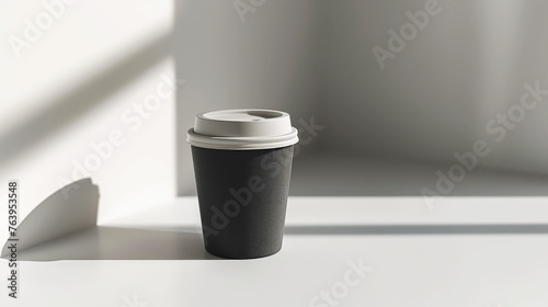 Aesthetic black paper coffee cup with white lid. Light minimalist background with copy space. Take away. Generative AI photo