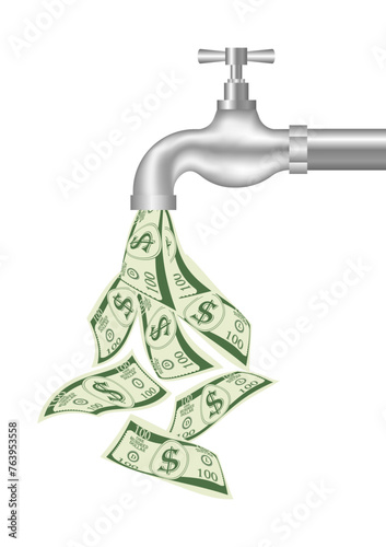 Water Tap with Falling Money Bank. Saving and Investment Concept. Vector Illustration.