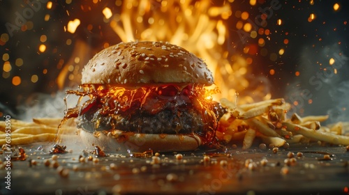 Explosive appetite: bursting hamburger with beer splash and flying fries