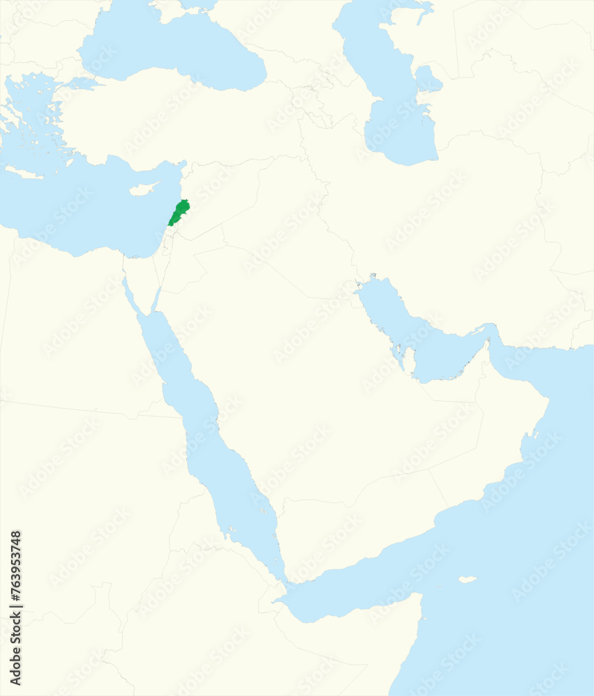  Green detailed CMYK blank political map of LEBANON with black national country borders on beige continent background and blue sea surfaces using orthographic projection of the Middle East