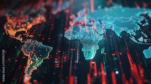 Creative forex chart with map on dark backdrop. Global trade and invest concept, Map with glowing blurry candlestick forex chart. Global trade and invest concept. 3D Rendering 