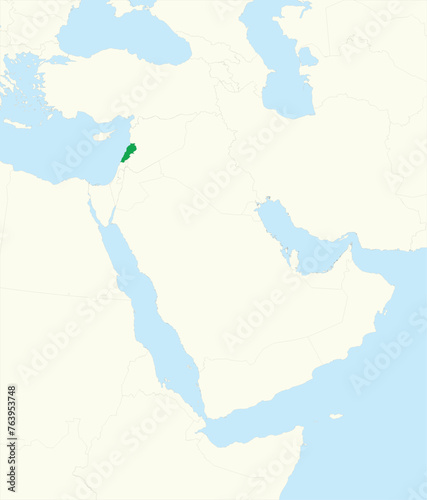  Green detailed CMYK blank political map of LEBANON with black national country borders on beige continent background and blue sea surfaces using orthographic projection of the Middle East