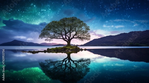 Lake and sky a dreamlike scene with stars and tree silhouette © stocksbyrs