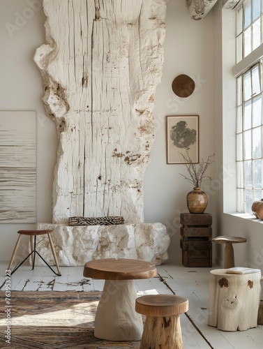 A room featuring a large piece of driftwood mounted on the wall, adding a unique and natural element to the space. The wood is weathered and textured, creating a focal point in the room