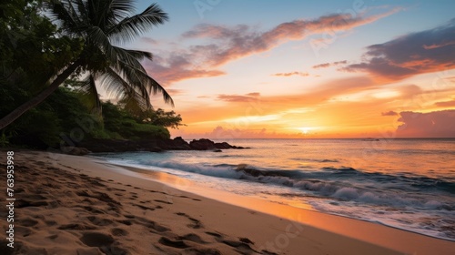 Tropical beach landscape with sunset and blue sky at dusk