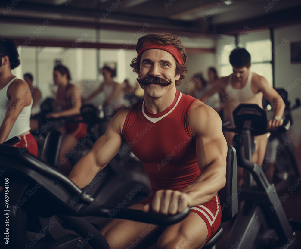 An image from the 1980s depicts a joyous, mustached man training at the gym, evoking a retro atmosphere. Captured in ultra-realistic 8K resolution, it exudes nostalgia with its natural lighting. An image from the 1980s depicts a joyous, mustached man training at the gym, evoking a retro atmosphere. Captured in ultra-realistic 8K resolution, it exudes nostalgia with its natural lighting.