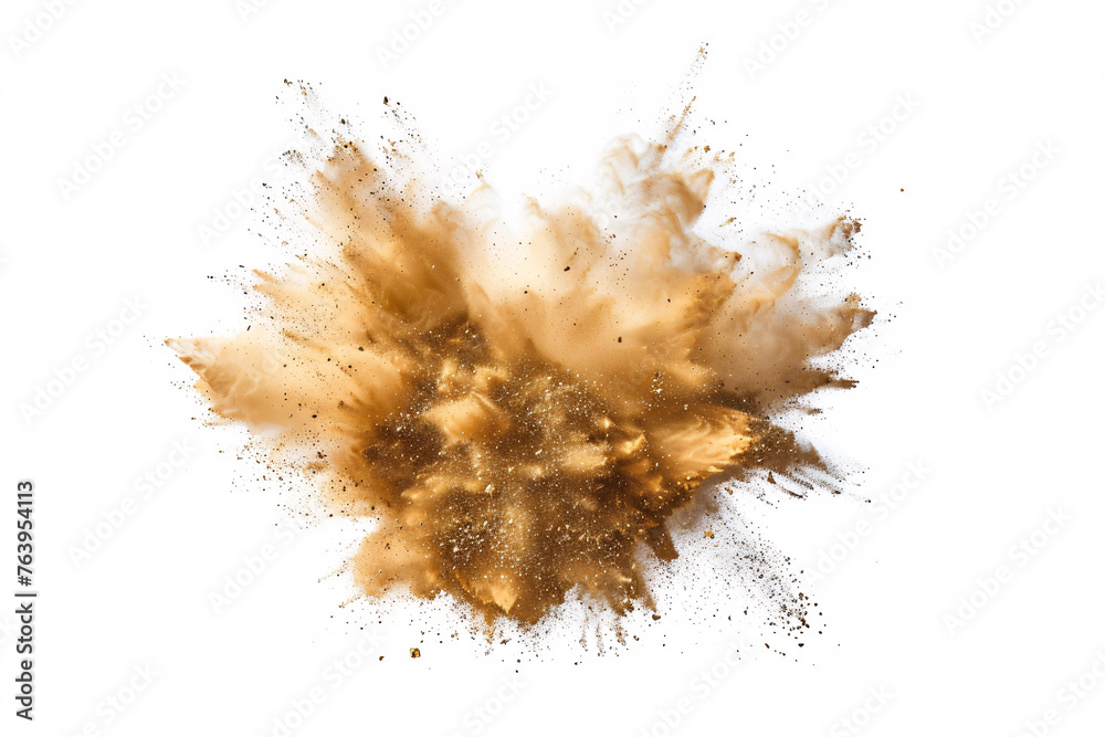 Isolated explosion of brown powder on white background