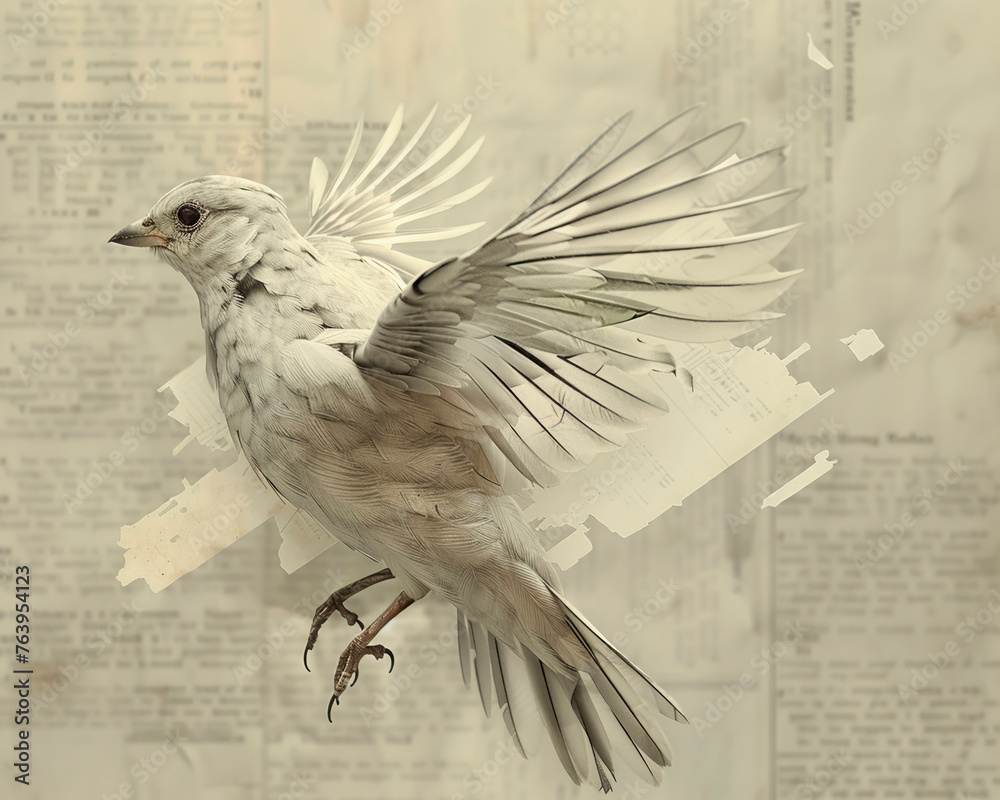 Fototapeta premium a bird in flight then collage it with pages from old books