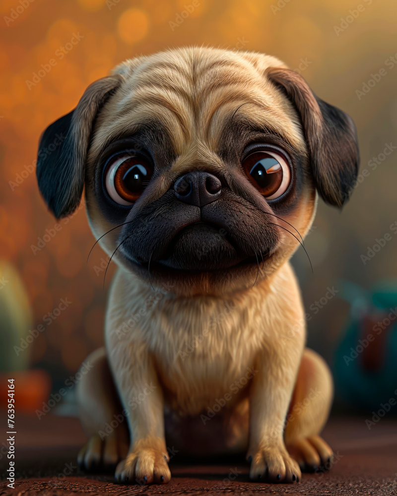 Design a 3D pug character in a sitting position