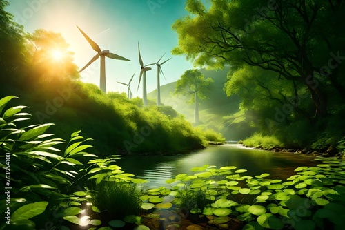 Icon Nature, Landscape, Foliage, Leaves Hill Water Sun and Wind Energy Sustainable Logo for Green Environment Ecology Business.
