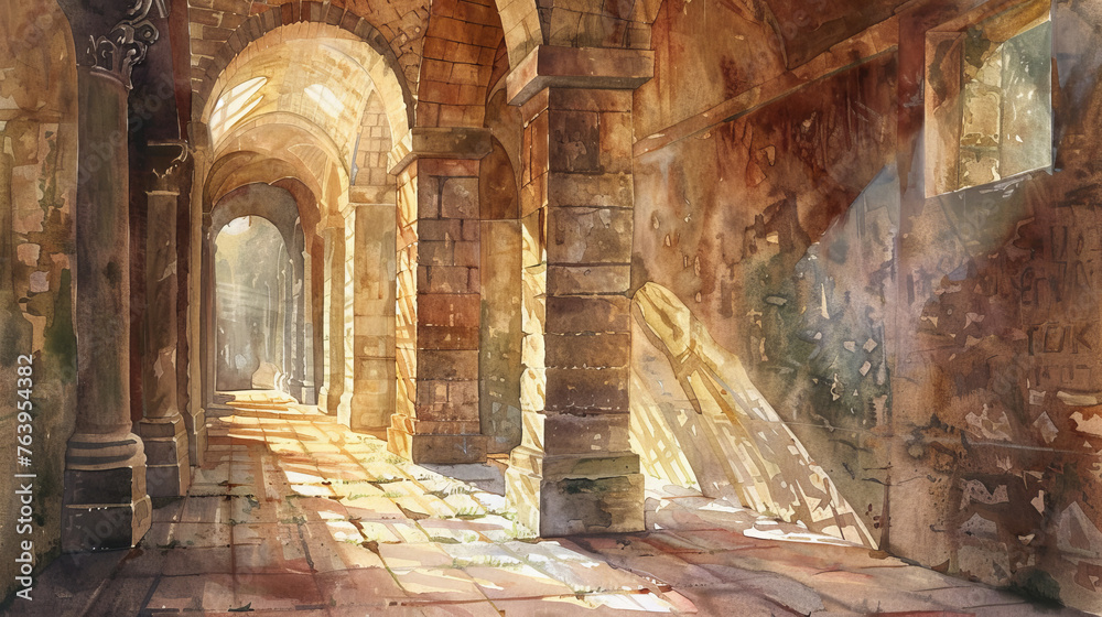 A beautiful watercolor captures the elegant decay of a stone building, showcasing the merging of art and history