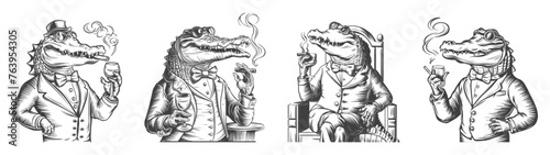 Set of dapper crocodile, sophisticated woodcut vector illustration. Generative AI.