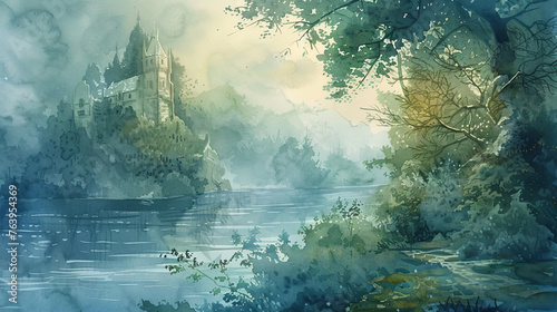 A stunning watercolor painting capturing the ethereal beauty of a castle perched on a foggy hill  surrounded by lush trees and serene outdoor scenery