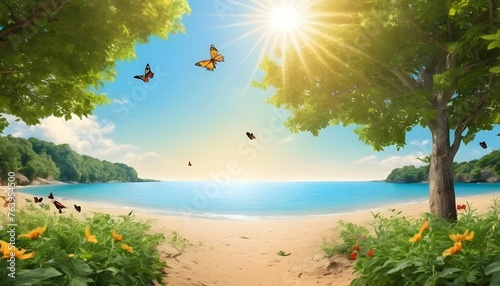 Happy summer season background with having garden full of trees butterflies and birds along with bight sun and clear sky and behind all of them a hustling and beautiful beach