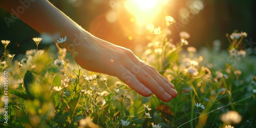 Close up of woman's hand touching grass in meadow at sunrise or sunset light, banner