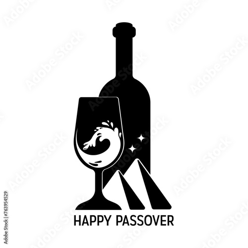Vector Minimalistic Illustration of Passover Celebrations. Emblem of Wine, Egyptian Pyramids and Waves on a white background. The Escape from Egypt concept.