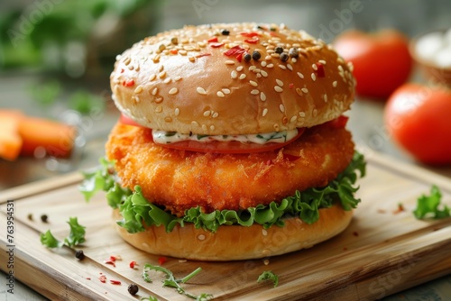 Delicious crispy fish burger with fresh lettuce on a sesame bun