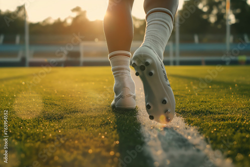 Closeup of Soccer Player Walking on a Grass Pitch. Legs of a Footballer Playing a Competition Match. Sports Horizontal Background. Athlete in Soccer Cleats and Soccer Socks. Sunset in the Background