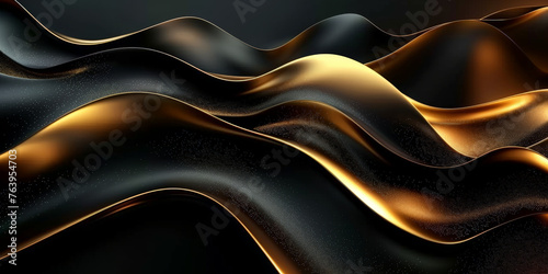 Black background with golden waves, elegant, luxury, metallic, 3d golden wave silk satin background. Abstract luxury swirling black gold background. Gold waves abstract background texture.banner