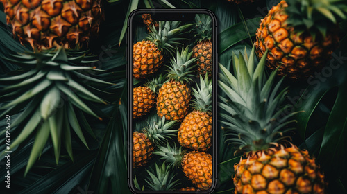 In the banner, a cell phone is framed by ananas, pineapple and foliage, emphasizing the clash between modern technology and the natural world. © Iryna Melnyk