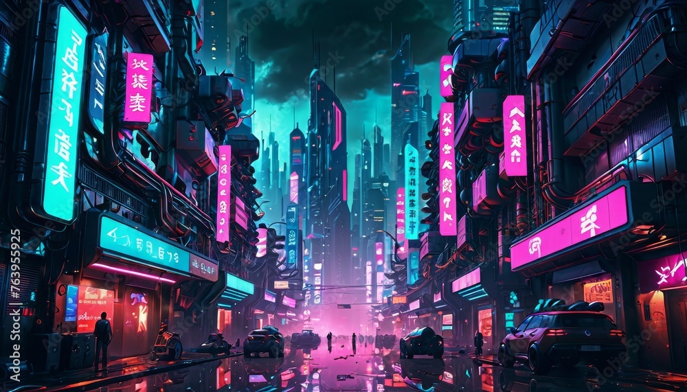 An intense luminosity emanates from neon signs, illuminating the cyberpunk cityscape as vehicles cruise the vibrant streets at night
