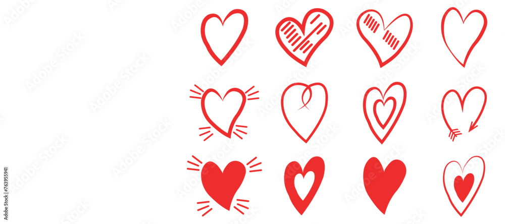 Set of red hearts with different styles for valentine day mother's day father's day and any other greetings. Red heart frames vector illustration isolated on white background.